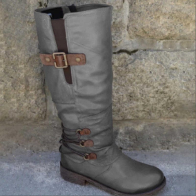 woobles Women's Vintage Leather Zipper High Snow Boots, Fashion Large Size Boots Women Autumn Long Tube Zipper Low Heeled Shoes Boots Pointed Boots Knight Boots - Image 2